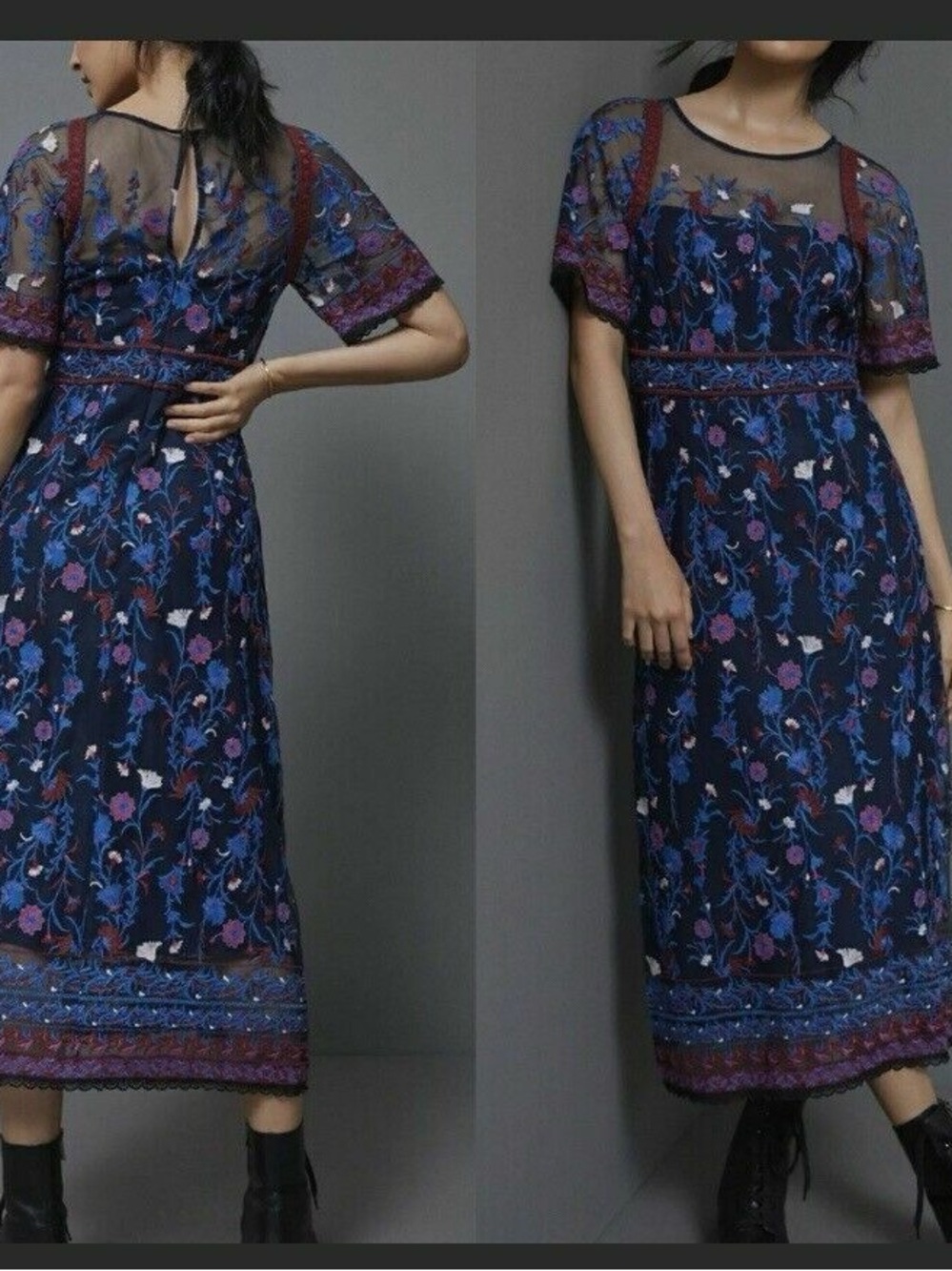 Anthropologie Navy Embroidered Mehreen beaded Maxi dress Size 2